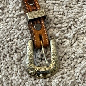 Tooled Leather Belt with Silver Buckle